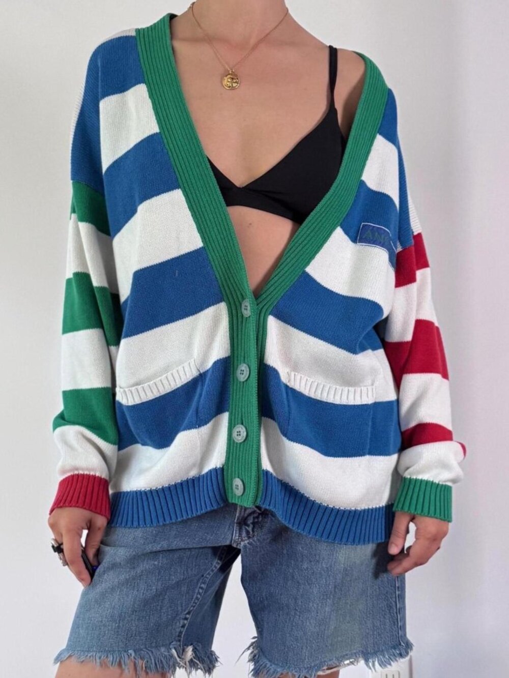 90s vintage colorful rainbow striped nautical long sleeved knit cardigan sweater
